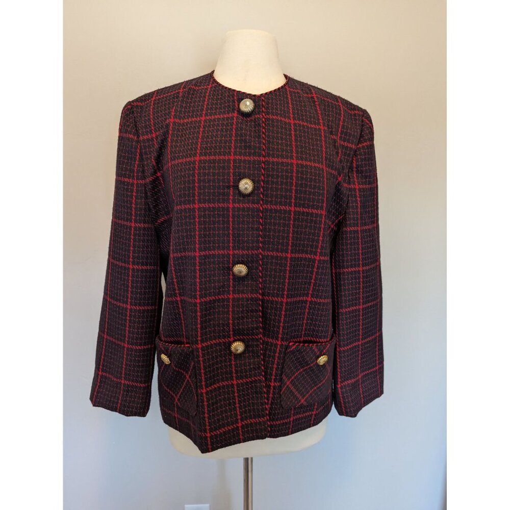 Vintage Blazer Jacket Women’s Black Red Plaid Wool Blend Lined Mature Luxury